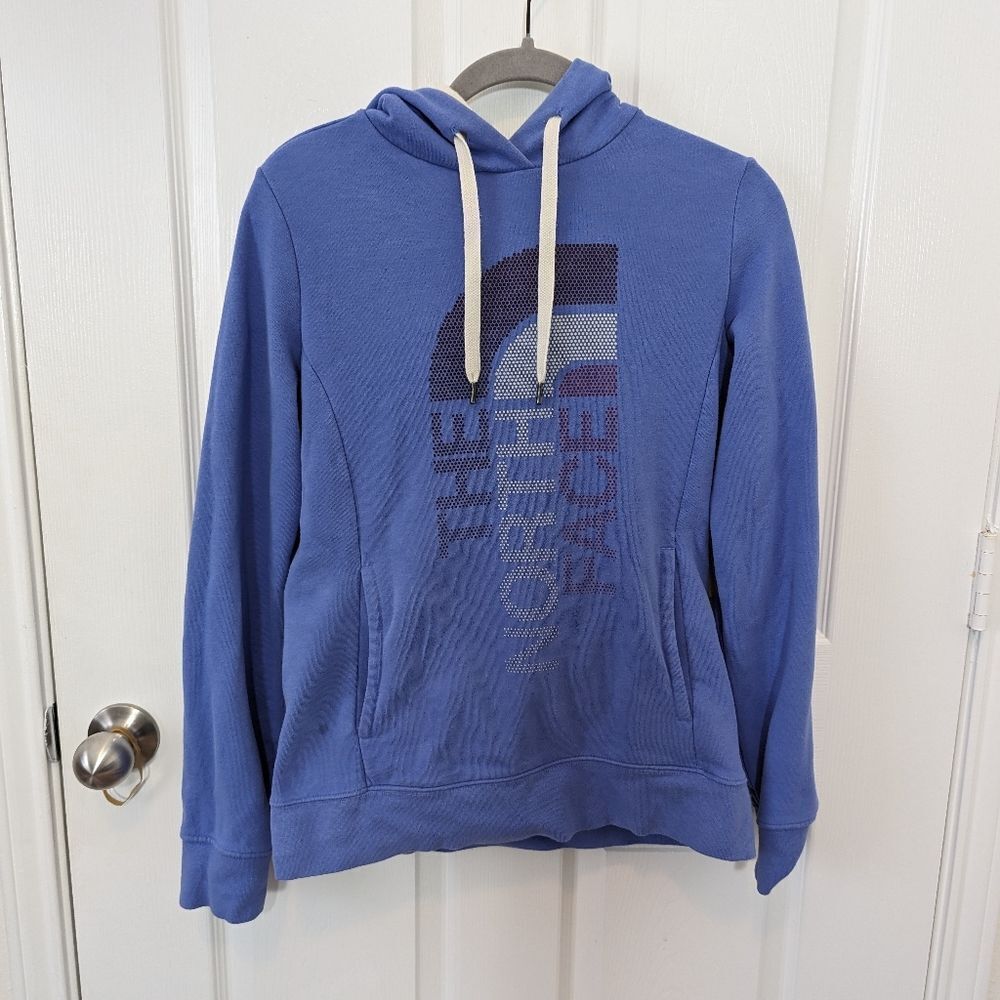 The North Face Woman's Size Small Blue‎ Fleece Pullover Hoodie Sideways Logo